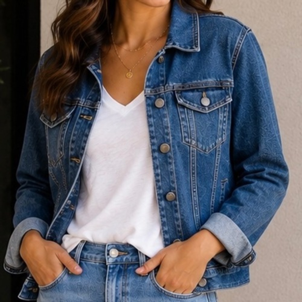 J.Jill Womens XL Tall Stretch Denim Jacket Medium Wash Blue Cotton Trucker